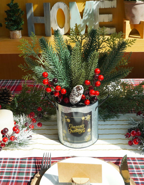 Load image into Gallery viewer, Winlyn Christmas Floral Arrangement Pinecone Red Berry Galvanized Pot 12.4"
