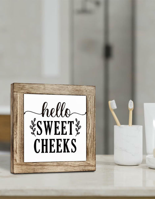 Load image into Gallery viewer, Farmhouse Rustic Wooden Bathroom Sign 'Hello Sweet Cheeks' Plaque Decor
