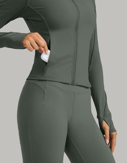 Load image into Gallery viewer, Womens Cropped Workout Jacket Slim Fit Full Zip Thumb Holes Pockets Sage Grey XL
