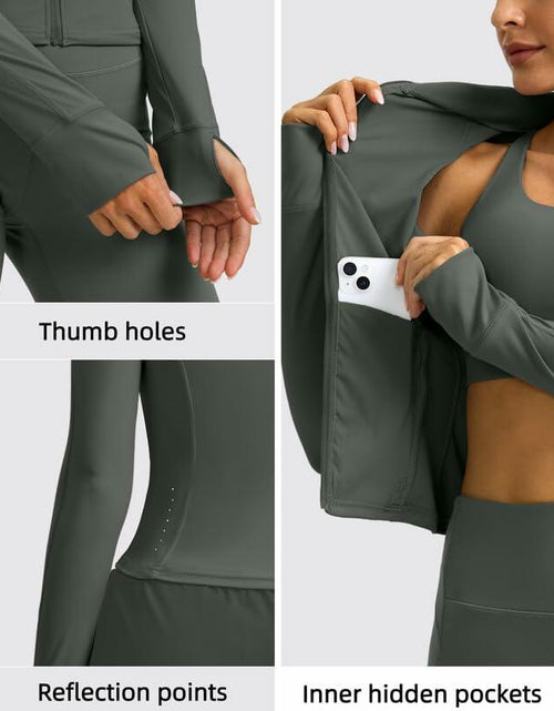 Load image into Gallery viewer, Womens Cropped Workout Jacket Slim Fit Full Zip Thumb Holes Pockets Sage Grey XL
