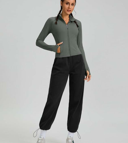 Womens Cropped Workout Jacket Slim Fit Full Zip Thumb Holes Pockets Sage Grey XL