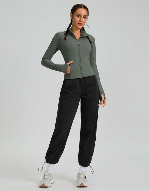 Load image into Gallery viewer, Womens Cropped Workout Jacket Slim Fit Full Zip Thumb Holes Pockets Sage Grey XL
