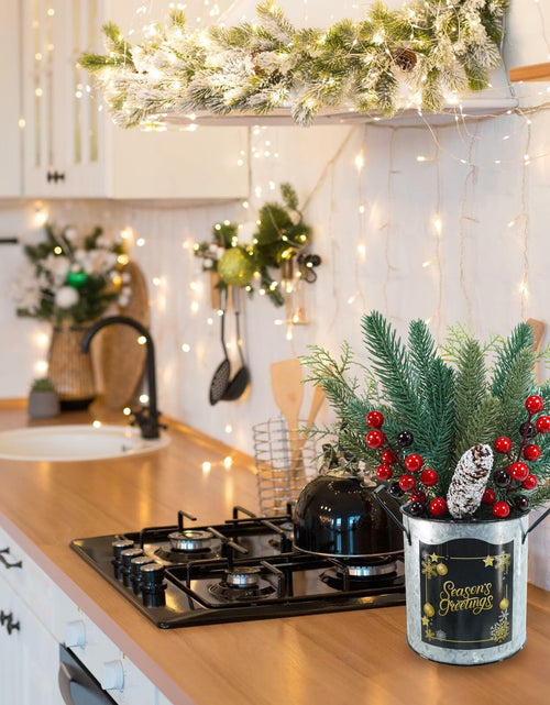 Load image into Gallery viewer, Winlyn Christmas Floral Arrangement Pinecone Red Berry Galvanized Pot 12.4"
