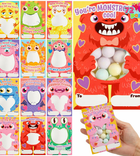 JOYIN 72 Pcs Valentines Monster Gift Cards with Bags Candy Holder Cards