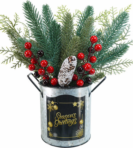 Winlyn Christmas Floral Arrangement Pinecone Red Berry Galvanized Pot 12.4"