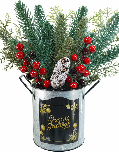 Load image into Gallery viewer, Winlyn Christmas Floral Arrangement Pinecone Red Berry Galvanized Pot 12.4"
