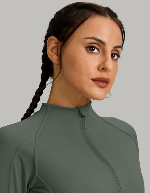 Load image into Gallery viewer, Womens Cropped Workout Jacket Slim Fit Full Zip Thumb Holes Pockets Sage Grey XL
