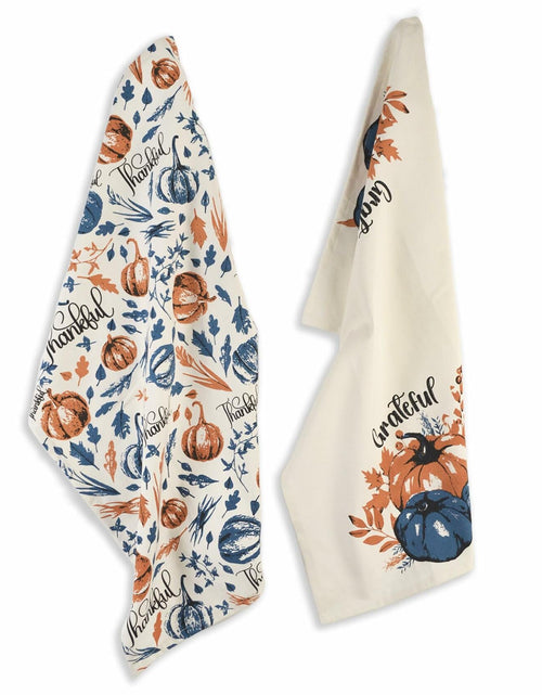 Load image into Gallery viewer, The Fine Living Company 2pc Thankful Grateful Dish Towels 18x28 Blue Orange

