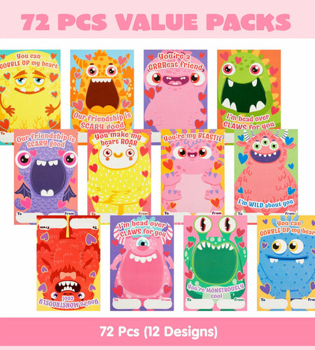 JOYIN 72 Pcs Valentines Monster Gift Cards with Bags Candy Holder Cards