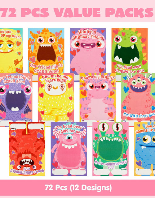 Load image into Gallery viewer, JOYIN 72 Pcs Valentines Monster Gift Cards with Bags Candy Holder Cards
