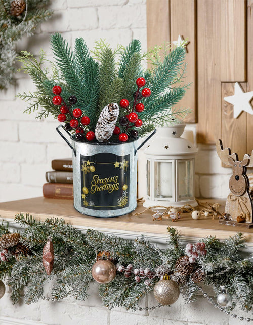Load image into Gallery viewer, Winlyn Christmas Floral Arrangement Pinecone Red Berry Galvanized Pot 12.4"
