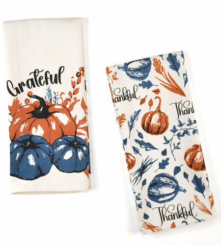 The Fine Living Company 2pc Thankful Grateful Dish Towels 18x28 Blue Orange