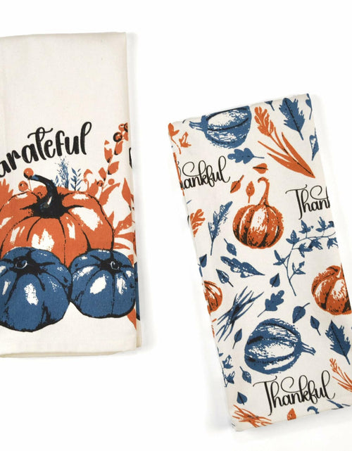 Load image into Gallery viewer, The Fine Living Company 2pc Thankful Grateful Dish Towels 18x28 Blue Orange
