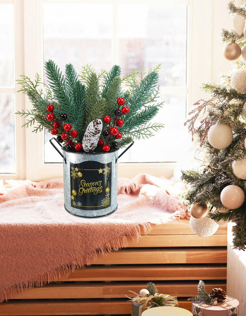 Load image into Gallery viewer, Winlyn Christmas Floral Arrangement Pinecone Red Berry Galvanized Pot 12.4"
