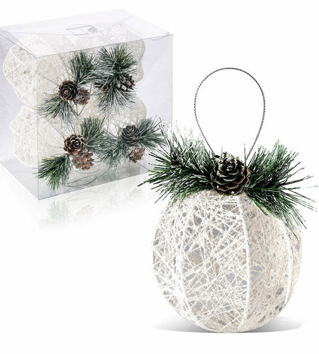 Christmas Ball Ornaments 4pc Set White Pinecone Rattan Thread String 4.7"