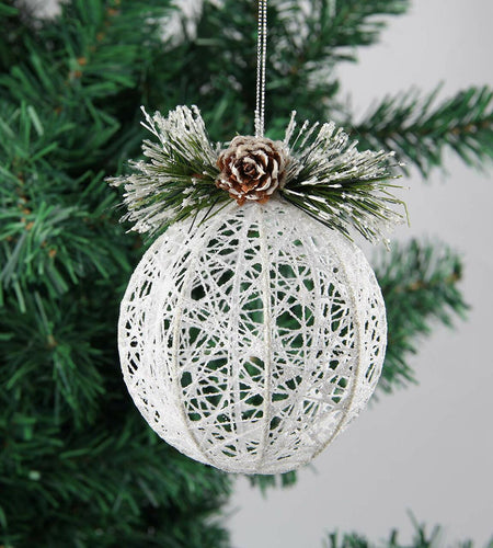 Christmas Ball Ornaments 4pc Set White Pinecone Rattan Thread String 4.7"