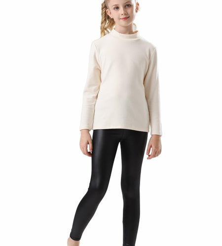 CVVTEE Girls Faux Leather Stretch Leggings Black Fleece-Lined Size 12