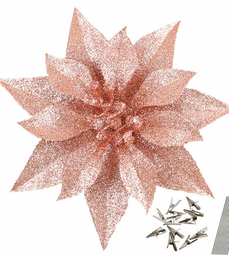 [Like_new] YOSICHY 12 Pcs Artificial Christmas Flowers Deep Champagne with Clips Stems