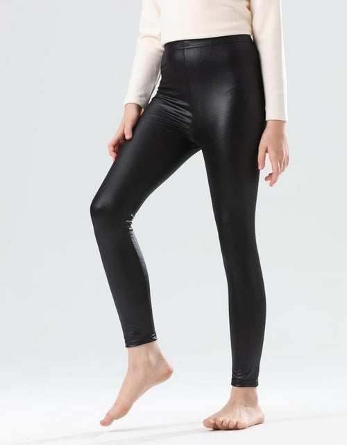 Load image into Gallery viewer, CVVTEE Girls Faux Leather Stretch Leggings Black Fleece-Lined Size 12
