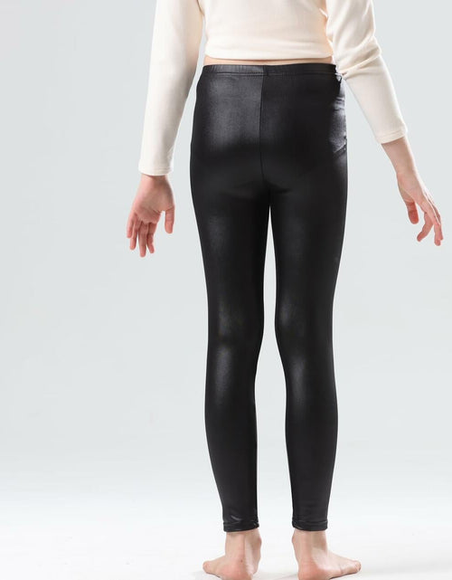 Load image into Gallery viewer, CVVTEE Girls Faux Leather Stretch Leggings Black Fleece-Lined Size 12
