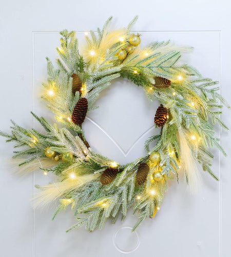 Chuangdi 24" Lighted Norfolk Pine Pampas Christmas Wreath with Pine Cones