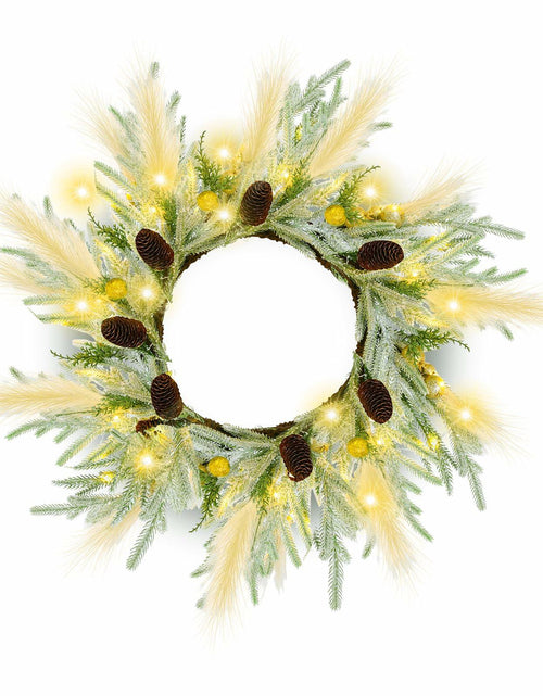 Load image into Gallery viewer, Chuangdi 24" Lighted Norfolk Pine Pampas Christmas Wreath with Pine Cones
