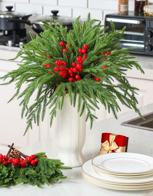 Load image into Gallery viewer, Riceshoot 12 Pcs Norfolk Pine Branches with Red Berries Pine Cones 17.7" Green
