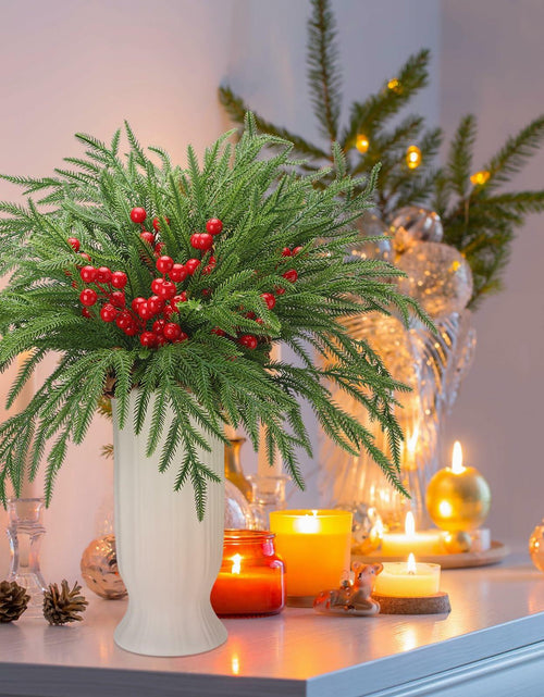 Load image into Gallery viewer, Riceshoot 12 Pcs Norfolk Pine Branches with Red Berries Pine Cones 17.7" Green
