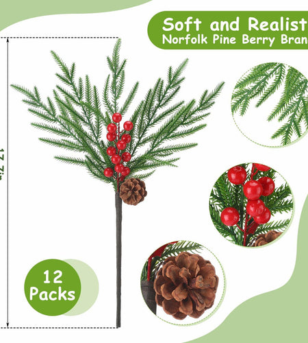 Riceshoot 12 Pcs Norfolk Pine Branches with Red Berries Pine Cones 17.7" Green