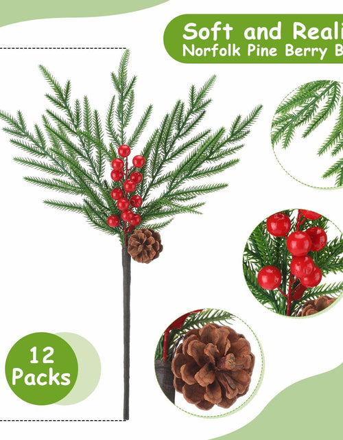 Load image into Gallery viewer, Riceshoot 12 Pcs Norfolk Pine Branches with Red Berries Pine Cones 17.7" Green
