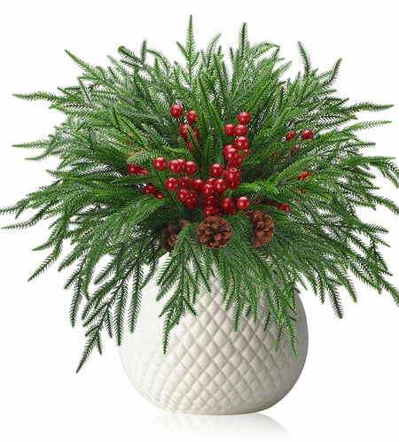 Riceshoot 12 Pcs Norfolk Pine Branches with Red Berries Pine Cones 17.7" Green