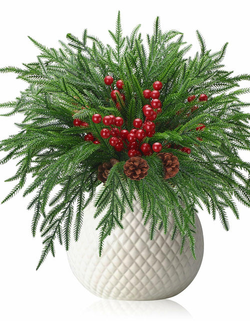 Load image into Gallery viewer, Riceshoot 12 Pcs Norfolk Pine Branches with Red Berries Pine Cones 17.7" Green
