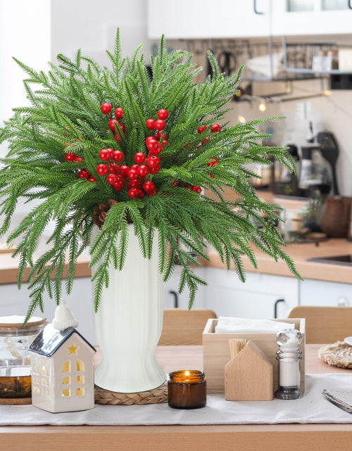 Load image into Gallery viewer, Riceshoot 12 Pcs Norfolk Pine Branches with Red Berries Pine Cones 17.7" Green
