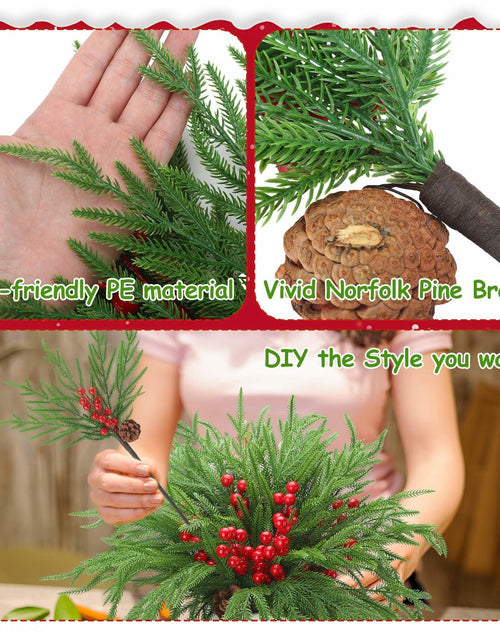 Load image into Gallery viewer, Riceshoot 12 Pcs Norfolk Pine Branches with Red Berries Pine Cones 17.7" Green
