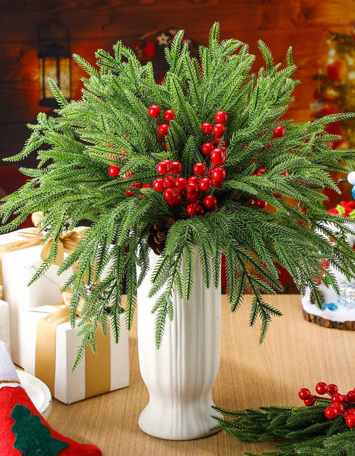 Load image into Gallery viewer, Riceshoot 12 Pcs Norfolk Pine Branches with Red Berries Pine Cones 17.7" Green
