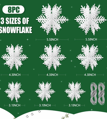 8 PCS 3D Glitter Snowflake Decorations White Christmas Tabletop Decor