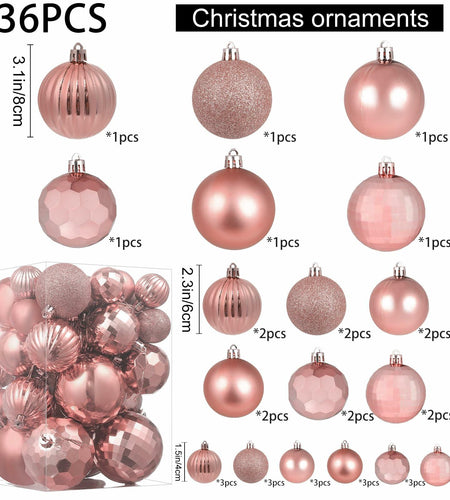 YiYunFloral Christmas Ball Ornaments 36pcs 6 Styles 3 Sizes Rose Gold