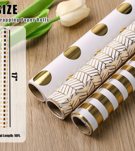 Koogel Wrapping Paper Roll 3 PCS Gold White 17x120 Inch Party Wedding