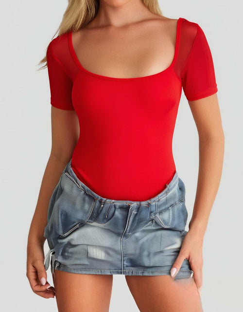 Load image into Gallery viewer, CRIPOM Red Mesh Square Neck Lace Bodysuit Women's Size S
