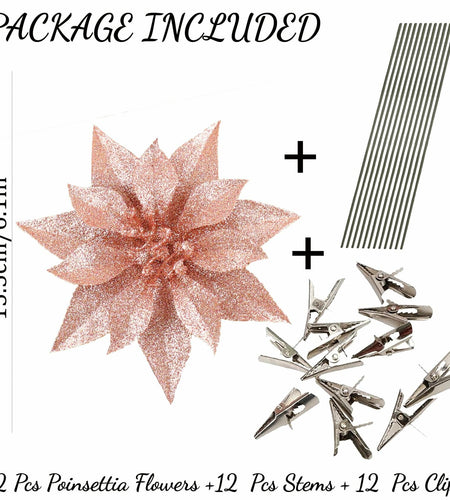 [Like_new] YOSICHY 12 Pcs Artificial Christmas Flowers Deep Champagne with Clips Stems