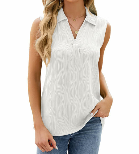 Sleeveless Tank Tops Women V Neck Casual Polo Shirts White Size M