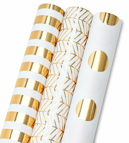 Koogel Wrapping Paper Roll 3 PCS Gold White 17x120 Inch Party Wedding