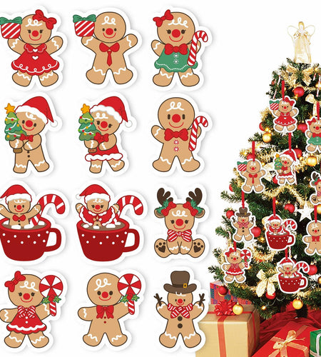 12Pcs Gingerbread Man Christmas Ornaments Tree Decorations with Ropes