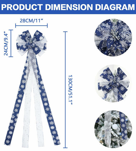 YINGQIWISH Christmas Tree Topper Large Bow Deep Blue White Indoor Outdoor
