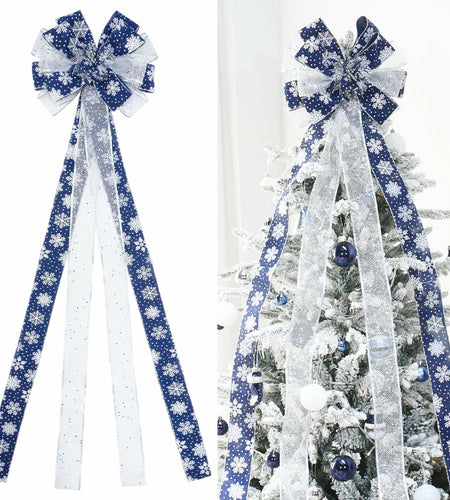 YINGQIWISH Christmas Tree Topper Large Bow Deep Blue White Indoor Outdoor