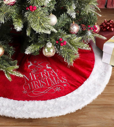 USILAND Christmas Tree Skirt Brown Velvet Snowflakes Embroidery 32in