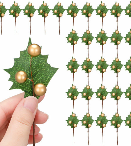 Thiccywoov 30 Pack Artificial Holly Berry Picks Gold Christmas Decoration