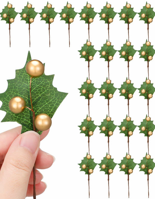 Load image into Gallery viewer, Thiccywoov 30 Pack Artificial Holly Berry Picks Gold Christmas Decoration

