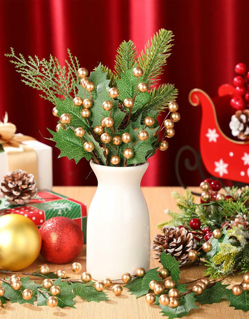 Load image into Gallery viewer, Thiccywoov 30 Pack Artificial Holly Berry Picks Gold Christmas Decoration

