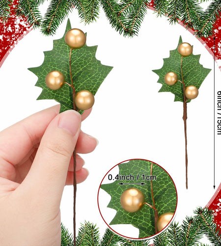 Thiccywoov 30 Pack Artificial Holly Berry Picks Gold Christmas Decoration